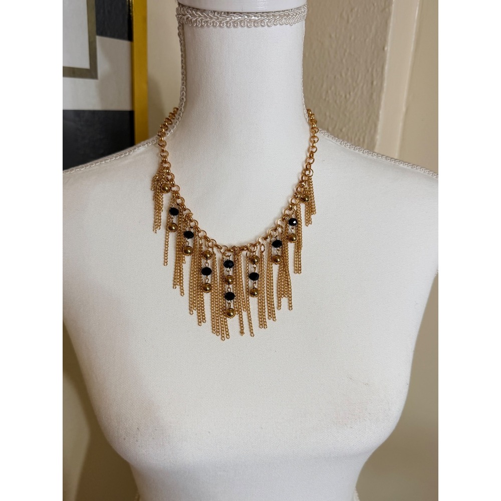 Gold Tone Fringe Statement Necklace Black Bead Tassel Waterfall Chain Bib
